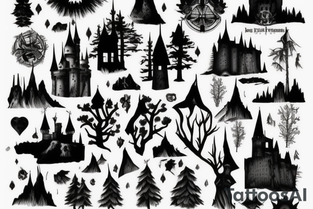 black castle in the forest tattoo idea