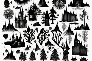 black castle in the forest tattoo idea