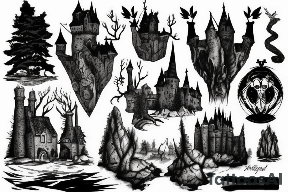 black castle in the forest tattoo idea