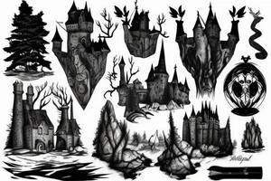 black castle in the forest tattoo idea