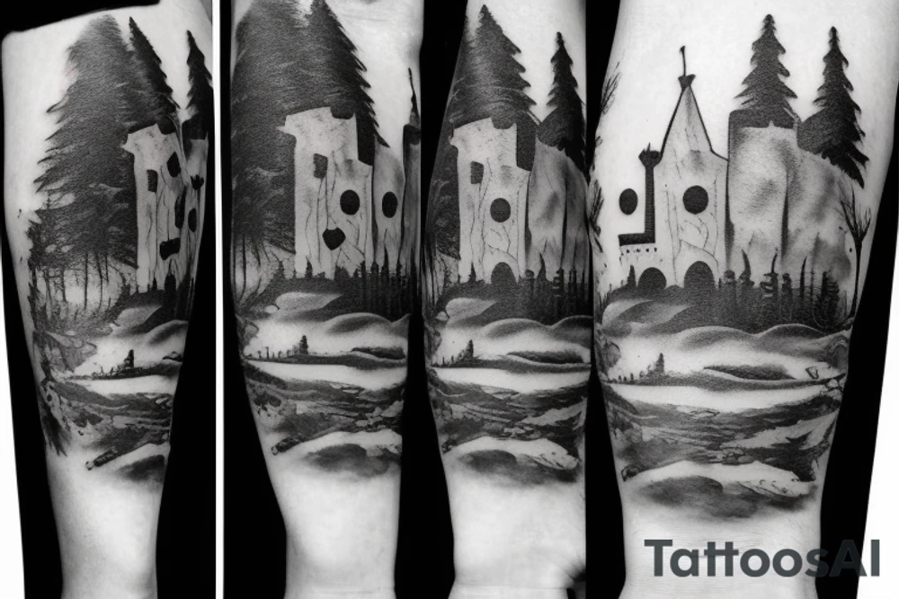 black castle in the forest tattoo idea