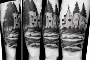black castle in the forest tattoo idea