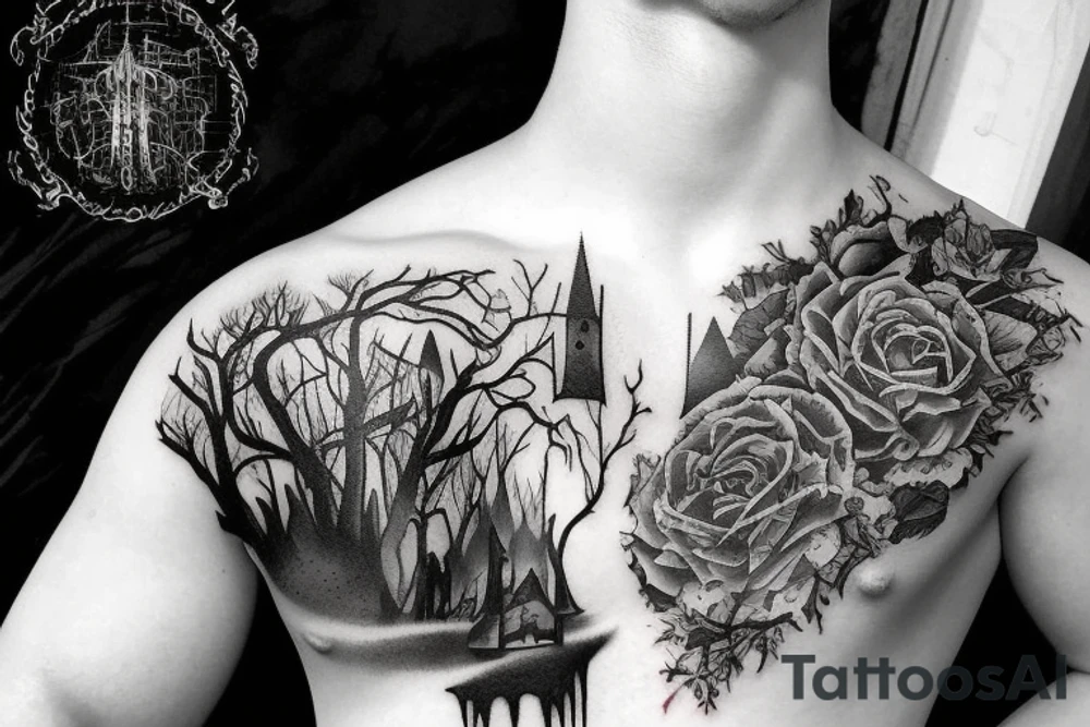 black castle in the forest tattoo idea