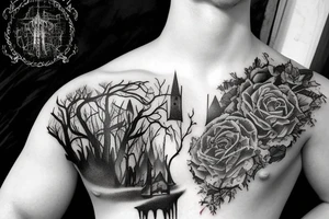 black castle in the forest tattoo idea