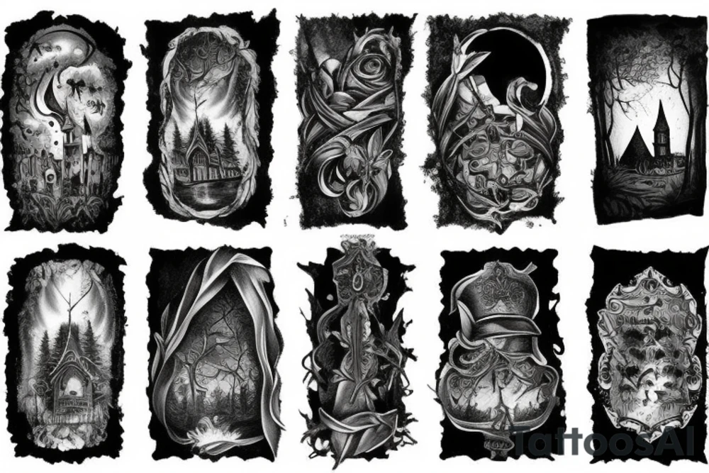 black castle in the forest tattoo idea