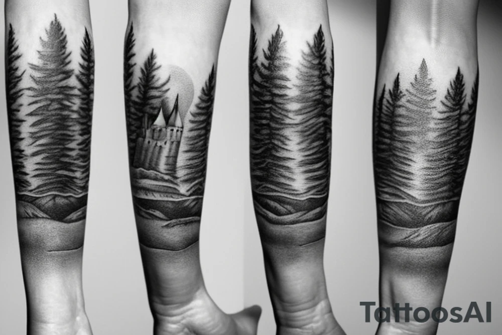 black castle in the forest tattoo idea