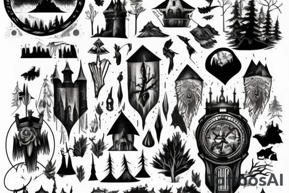 black castle in the forest tattoo idea