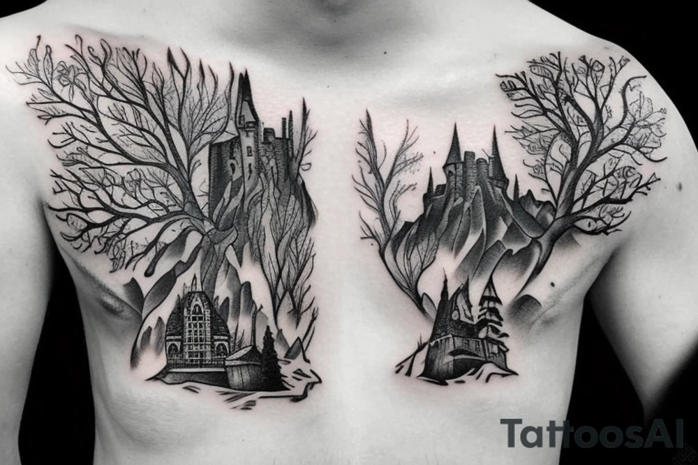 black castle in the forest tattoo idea