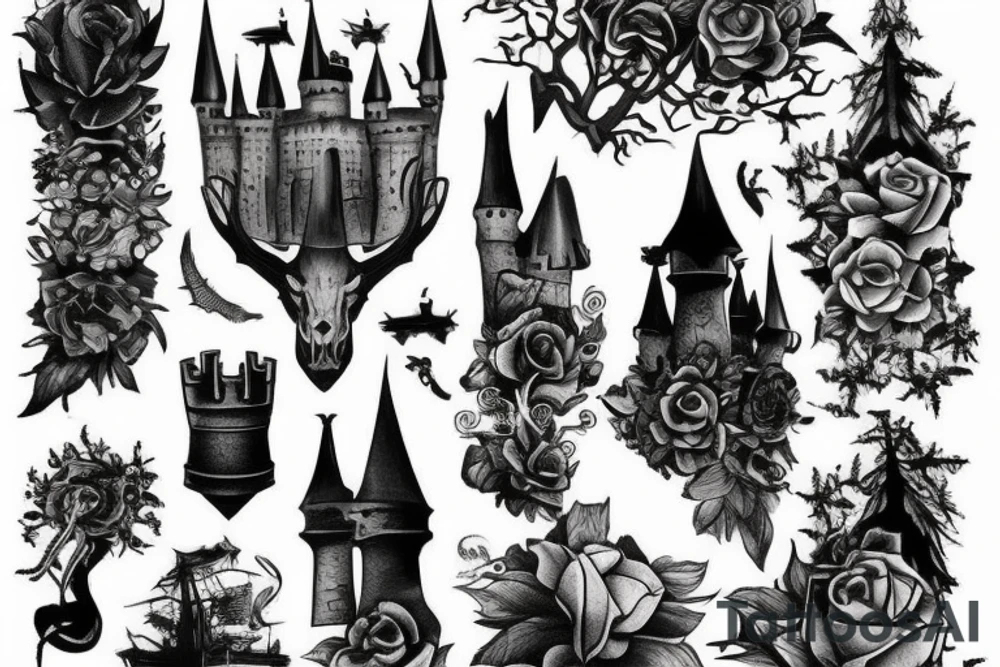black castle in the forest tattoo idea