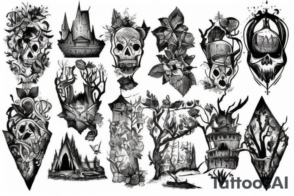 black castle in the forest tattoo idea