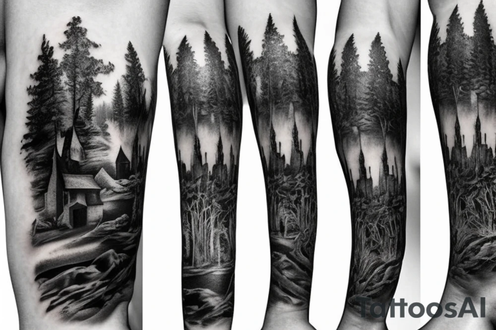 black castle in the forest tattoo idea