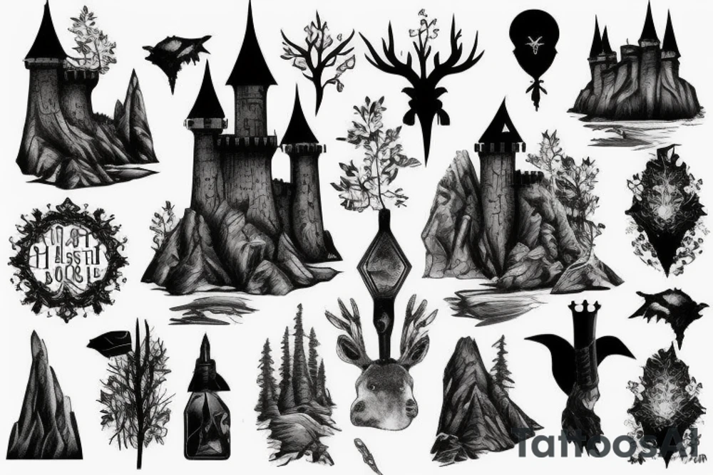 black castle in the forest tattoo idea