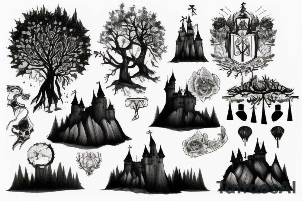 black castle in the forest tattoo idea