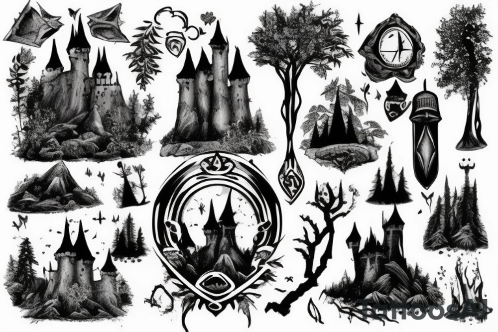 black castle in the forest tattoo idea