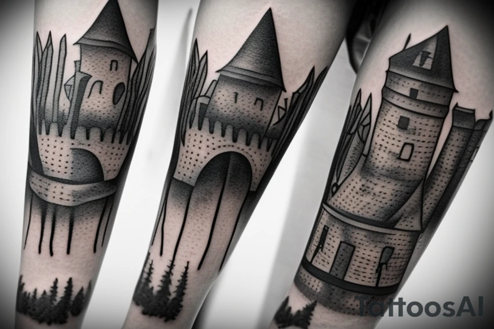 black castle in the forest tattoo idea