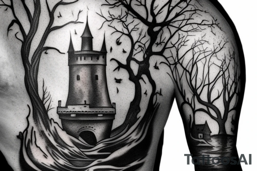 black castle in the forest tattoo idea