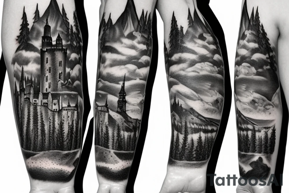 black castle in the forest tattoo idea