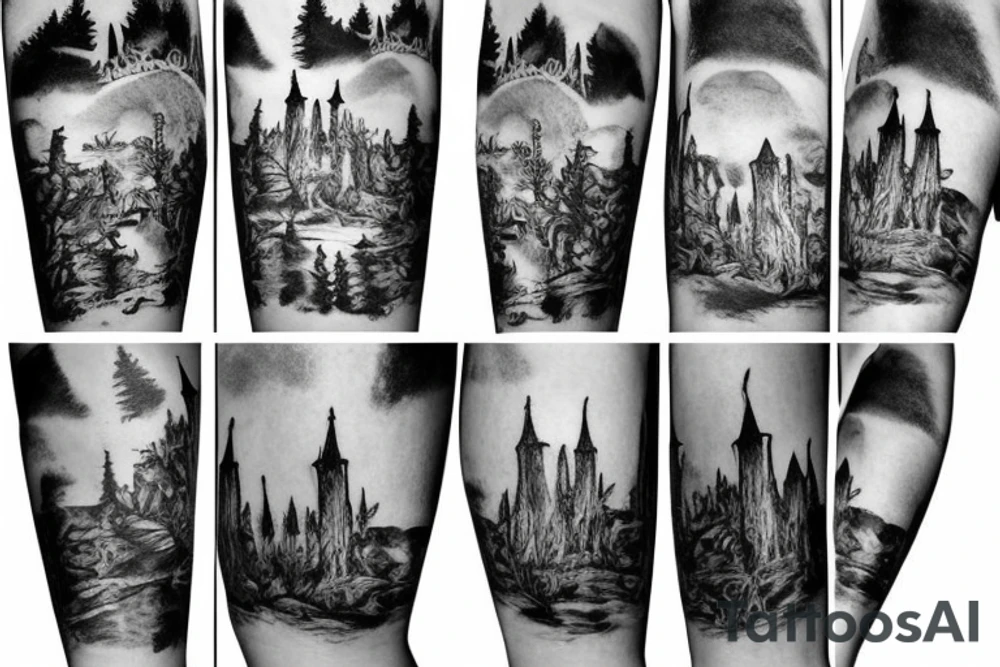 black castle in the forest tattoo idea