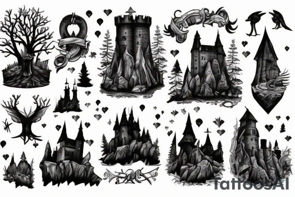 black castle in the forest tattoo idea