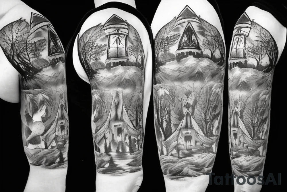 black castle in the forest tattoo idea