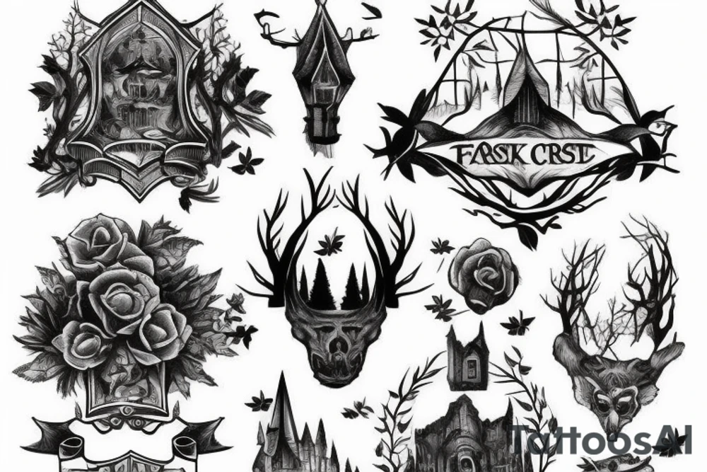 black castle in the forest tattoo idea