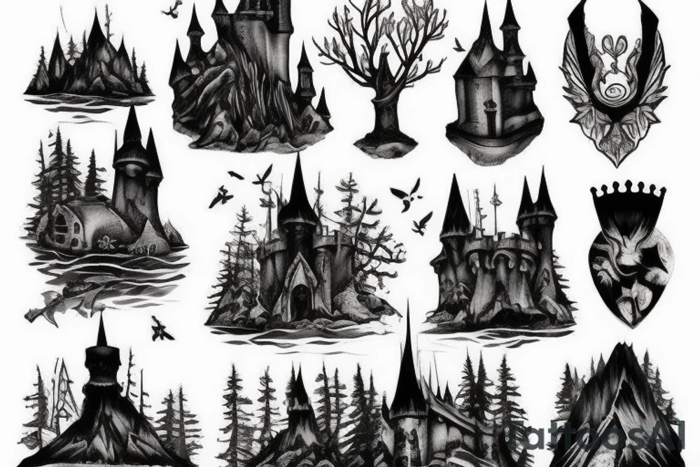 black castle in the forest tattoo idea