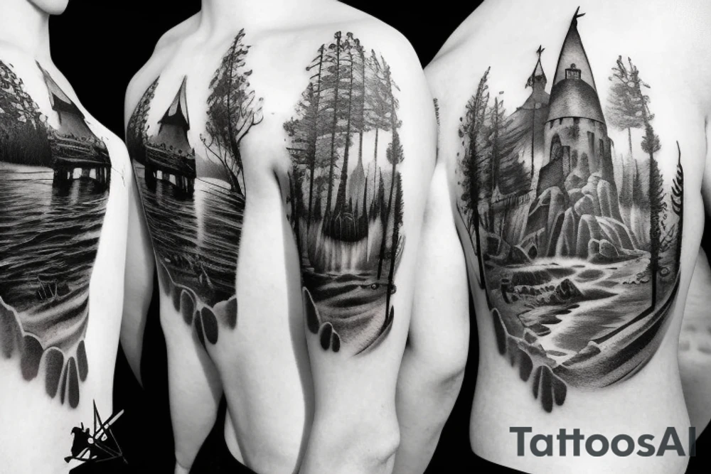 black castle in the forest tattoo idea