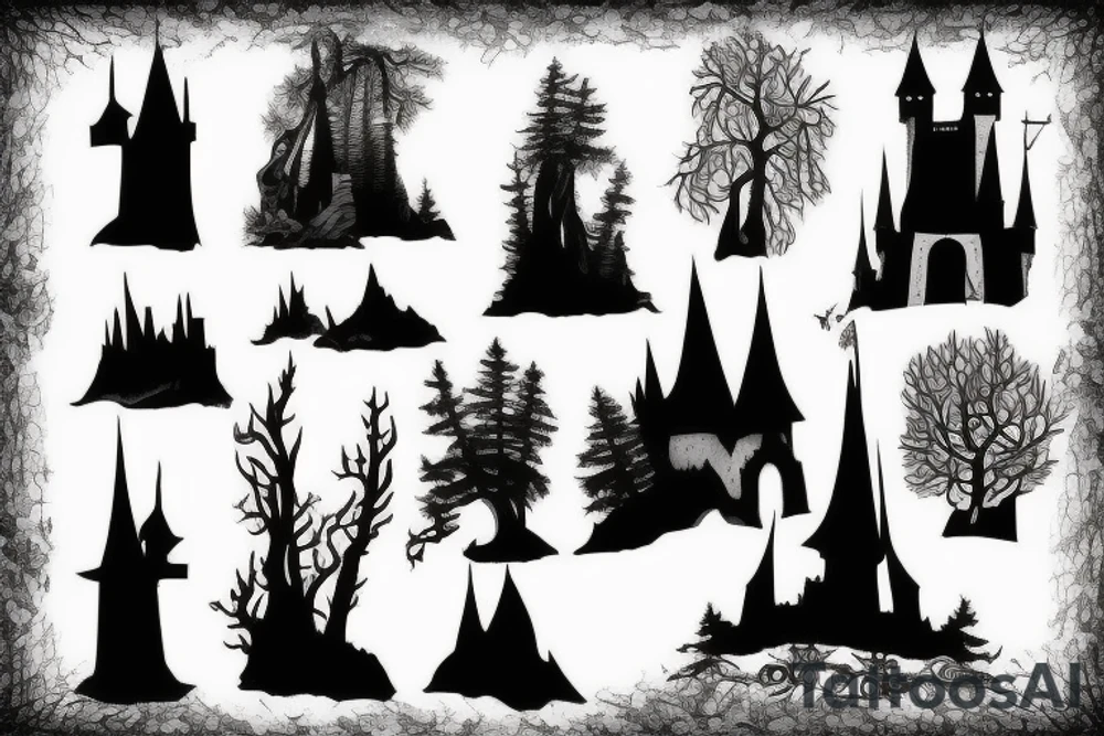 black castle in the forest tattoo idea