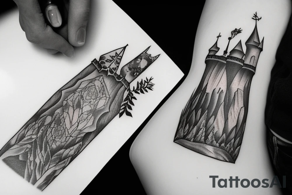 black castle in the forest tattoo idea