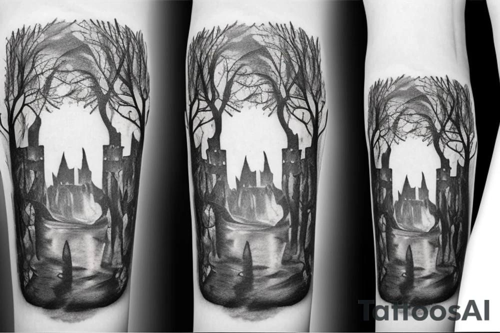 black castle in the forest tattoo idea