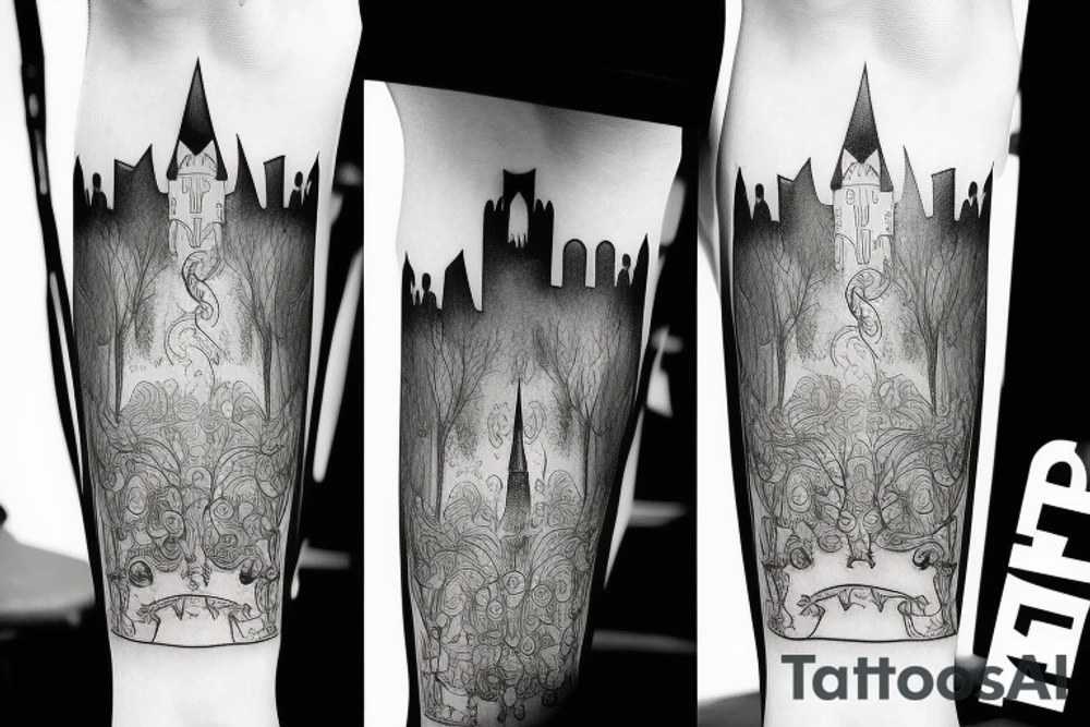 black castle in the forest tattoo idea