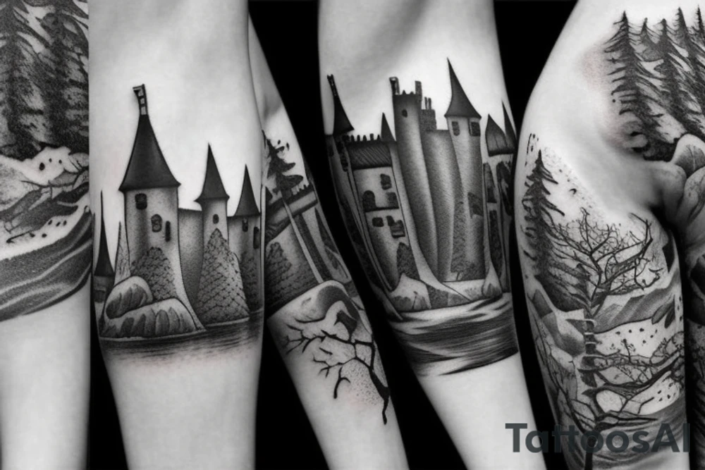 black castle in the forest tattoo idea