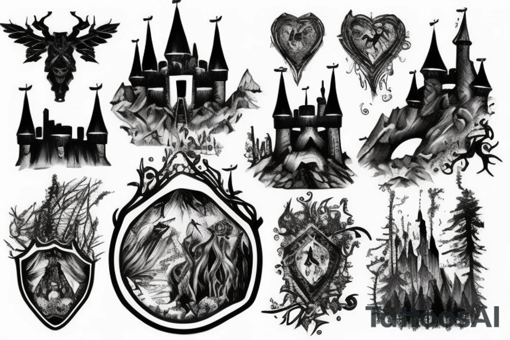 black castle in the forest tattoo idea