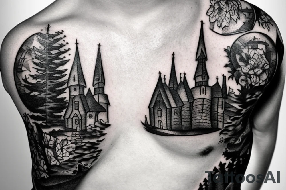 black castle in the forest tattoo idea