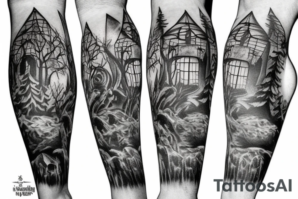 black castle in the forest tattoo idea