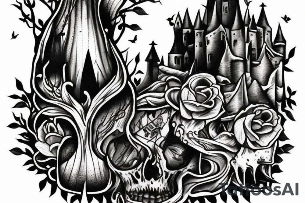 black castle in the forest tattoo idea
