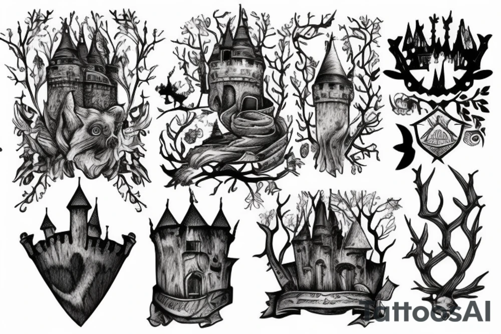black castle in the forest tattoo idea
