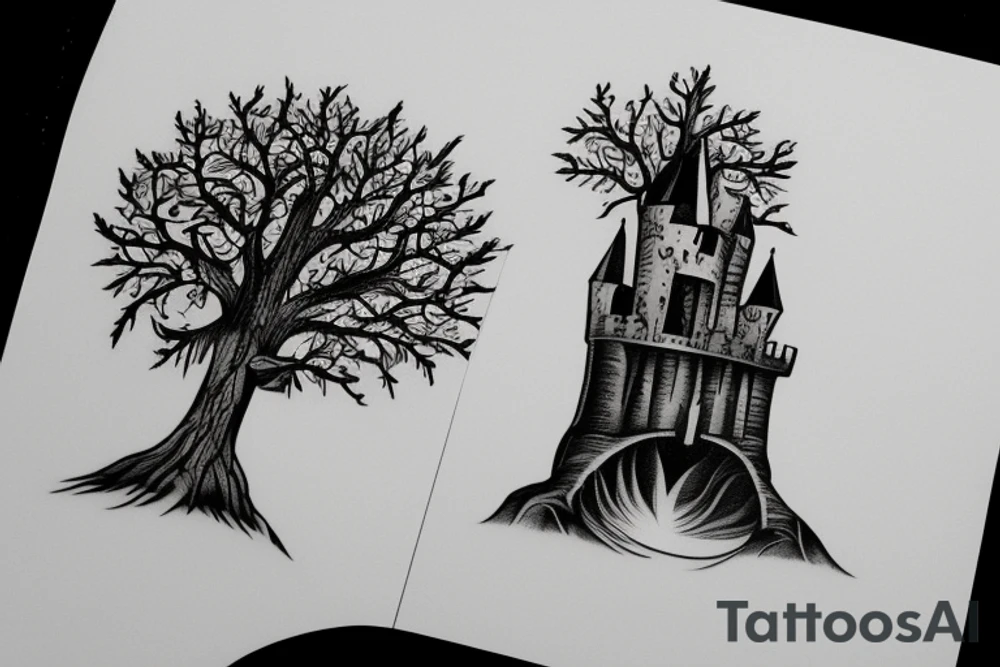 black castle in the forest tattoo idea