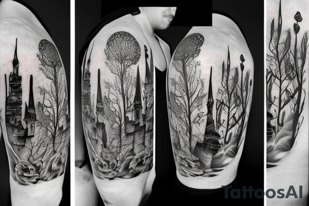 black castle in the forest tattoo idea