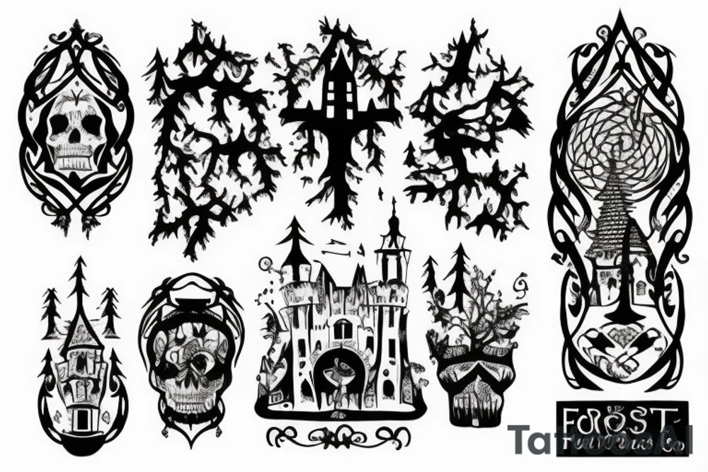 black castle in the forest tattoo idea