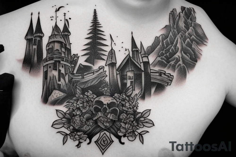 black castle in the forest tattoo idea