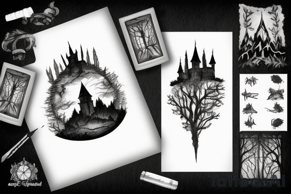 black castle in the forest tattoo idea