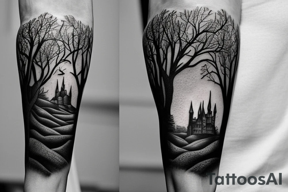 black castle in the forest tattoo idea