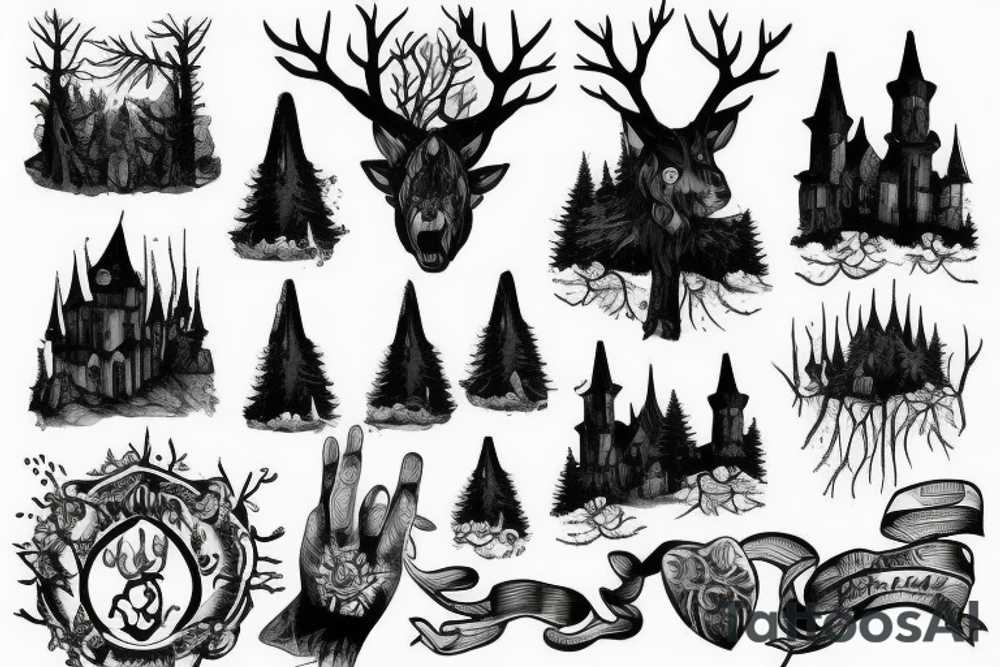 black castle in the forest tattoo idea