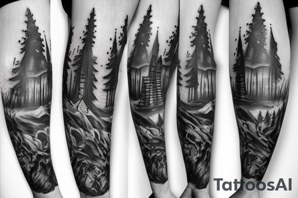 black castle in the forest tattoo idea