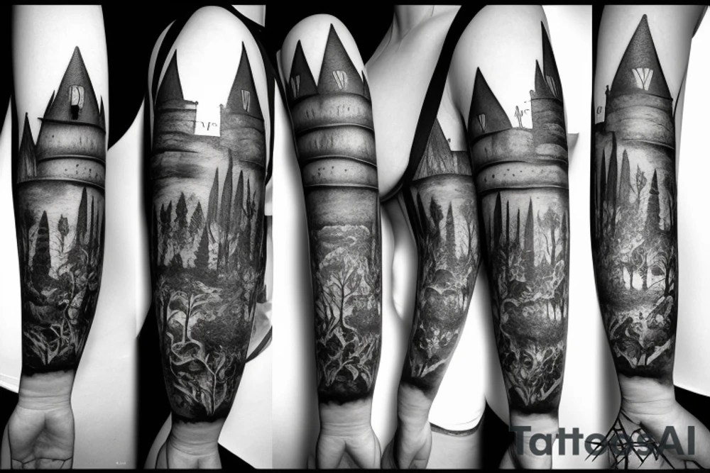 black castle in the forest tattoo idea