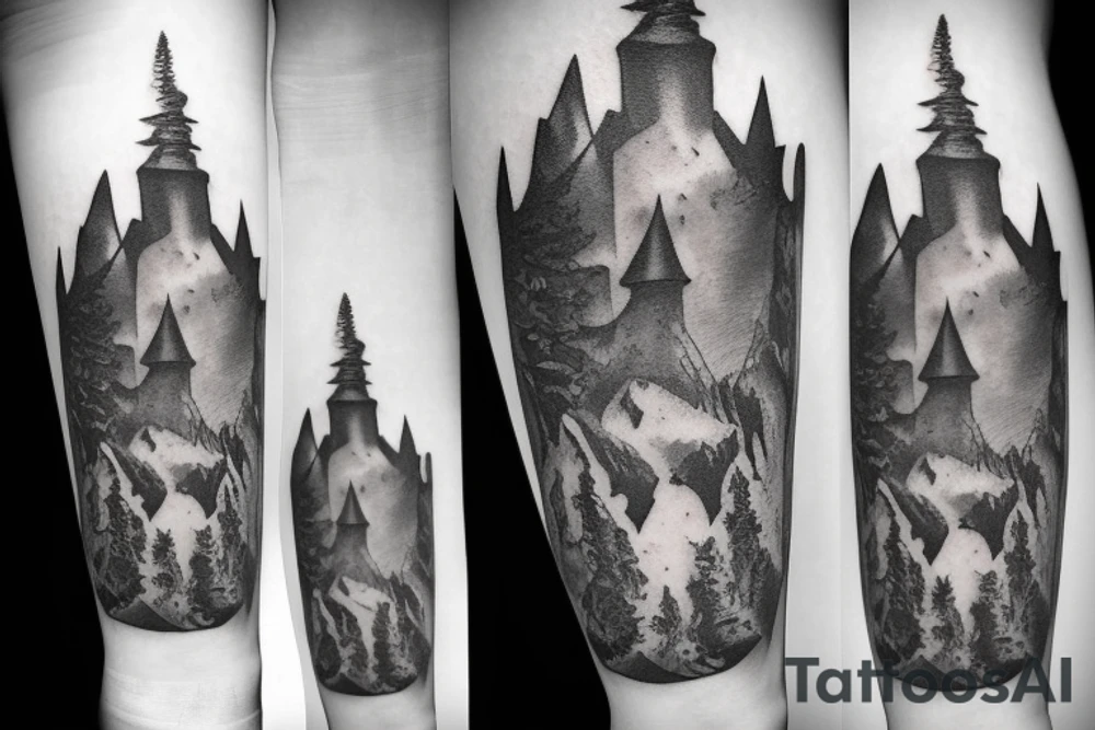black castle in the forest tattoo idea