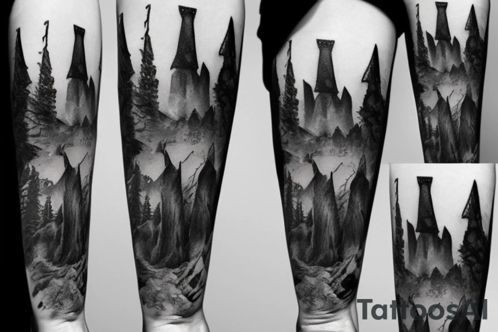 black castle in the forest tattoo idea