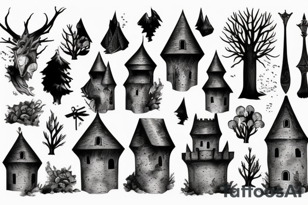 black castle in the forest tattoo idea