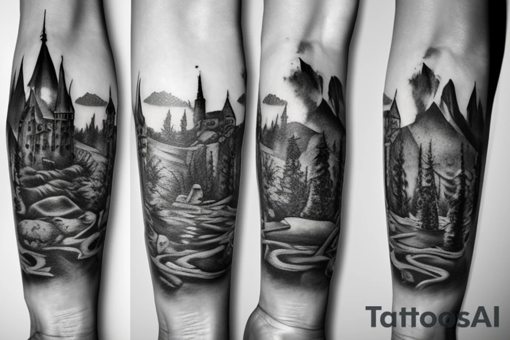 black castle in the forest tattoo idea